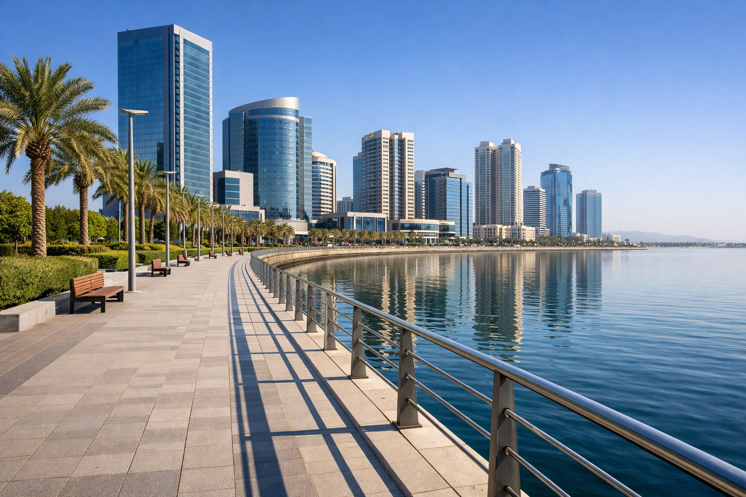 Office buildings along the Corniche in Ras Al Khaimah with waterfront views