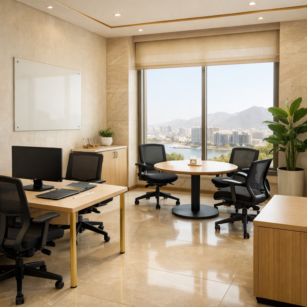 Private serviced office for rent in Ras Al Khaimah with modern furniture and natural light